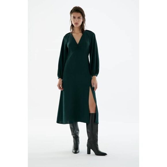 Zara Green Puff Sleeve Dress Midi Slit - Picture 5 of 7